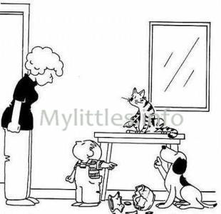 Смешная картинка "Ребенок сваливает вину за разбитую вазу на собаку, собака - на кошку, кошка -на ребенка"